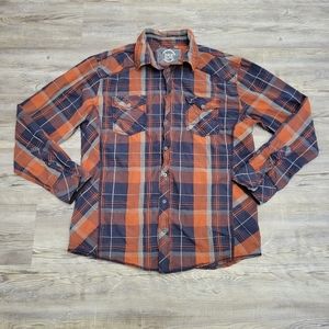BKE Athletic Fit XL button up long sleeve shirt, burnt orange and navy plaid